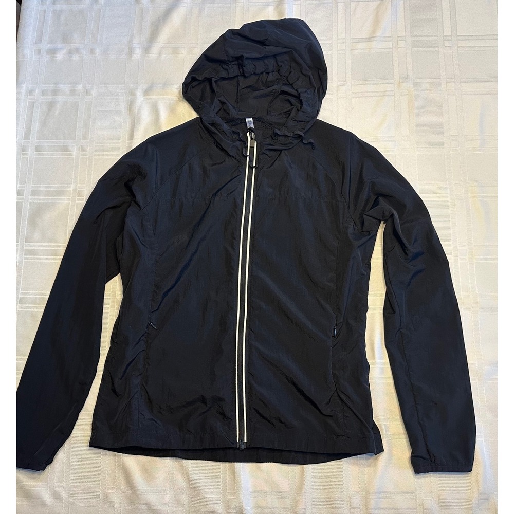 Fabletics Windbreaker Women Large Black Hooded Full Zip Mesh Back JT1721129-0001